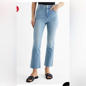 Express High Waisted Light Wash Raw Hem Cropped Flare Jeans size 14